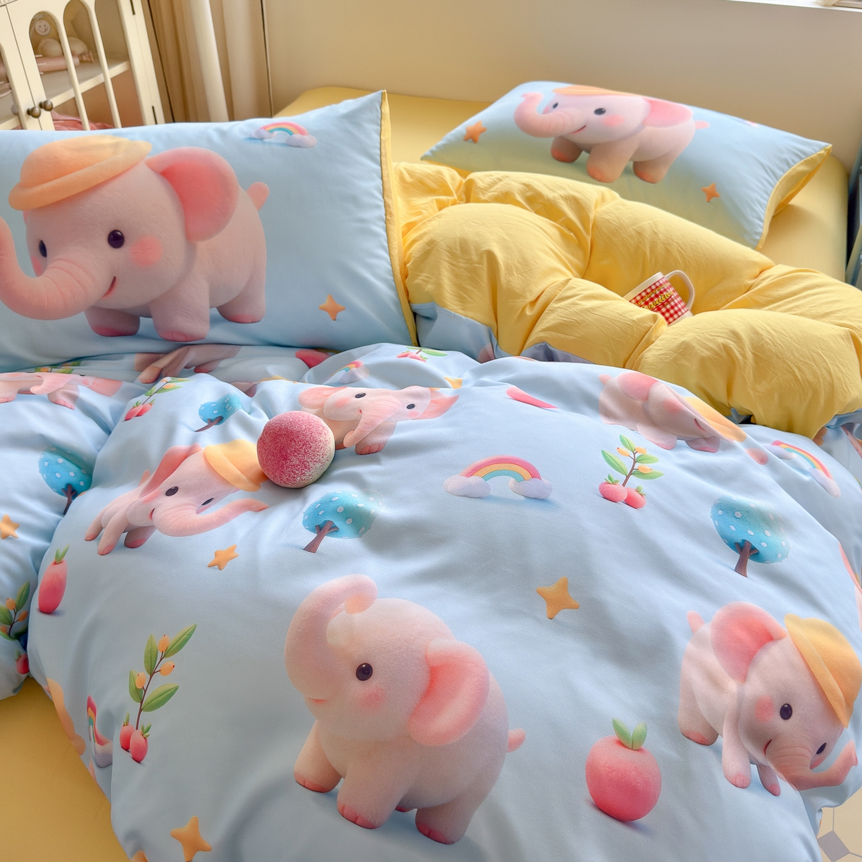 91家纺网 家纺一手货源 找家纺 优卡迪家纺馆 2025新款110克5D数码印花四件套 奇幻小象