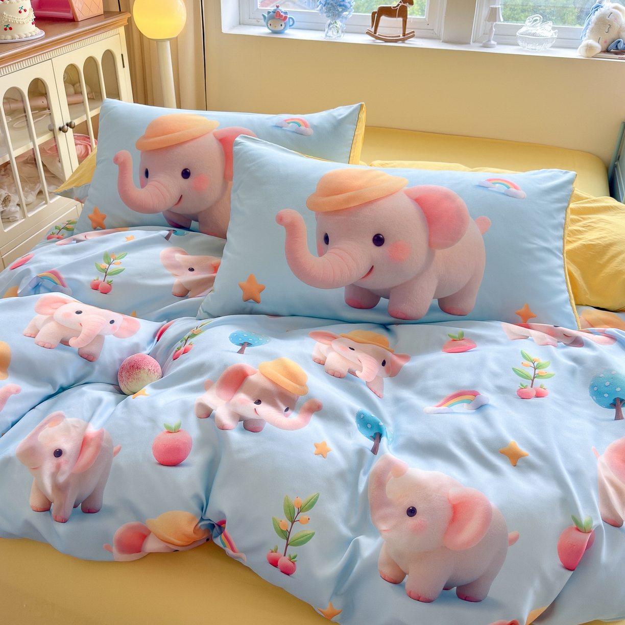 91家纺网 家纺一手货源 找家纺 优卡迪家纺馆 2025新款110克5D数码印花四件套 奇幻小象