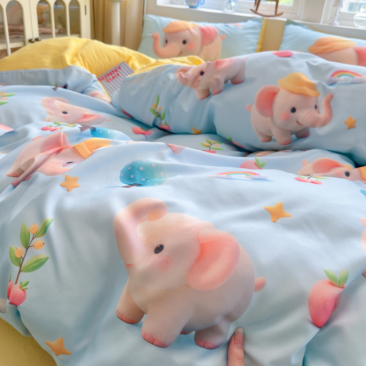 91家纺网 家纺一手货源 找家纺 优卡迪家纺馆 2025新款110克5D数码印花四件套 奇幻小象