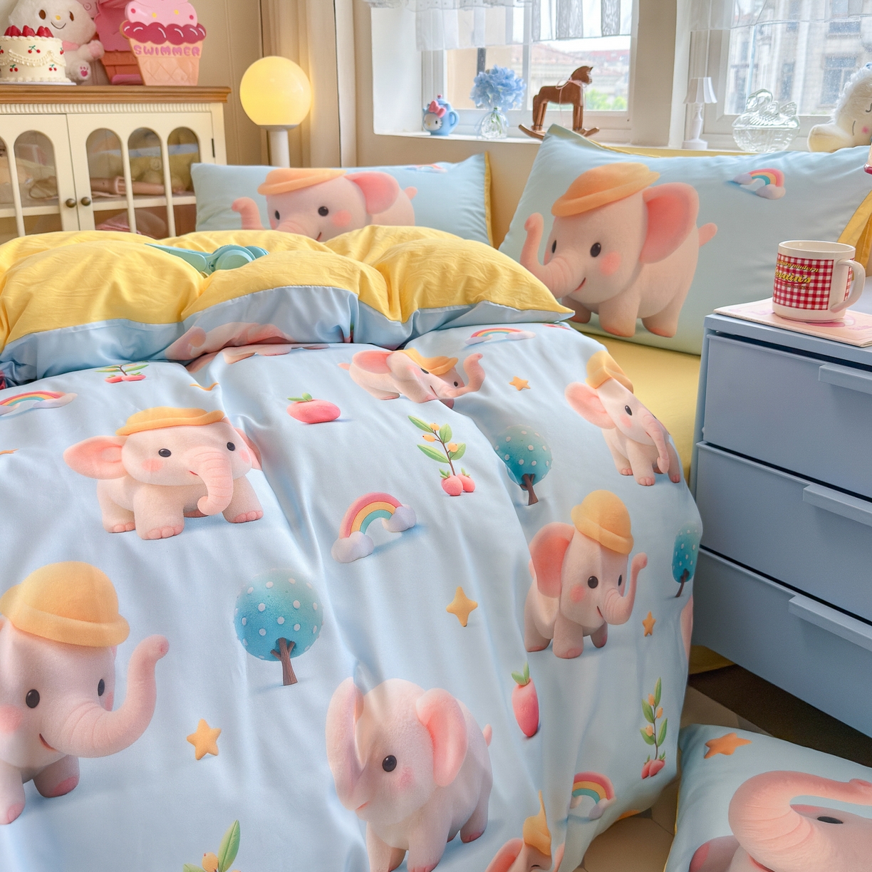 91家纺网 家纺一手货源 找家纺 优卡迪家纺馆 2025新款110克5D数码印花四件套 奇幻小象