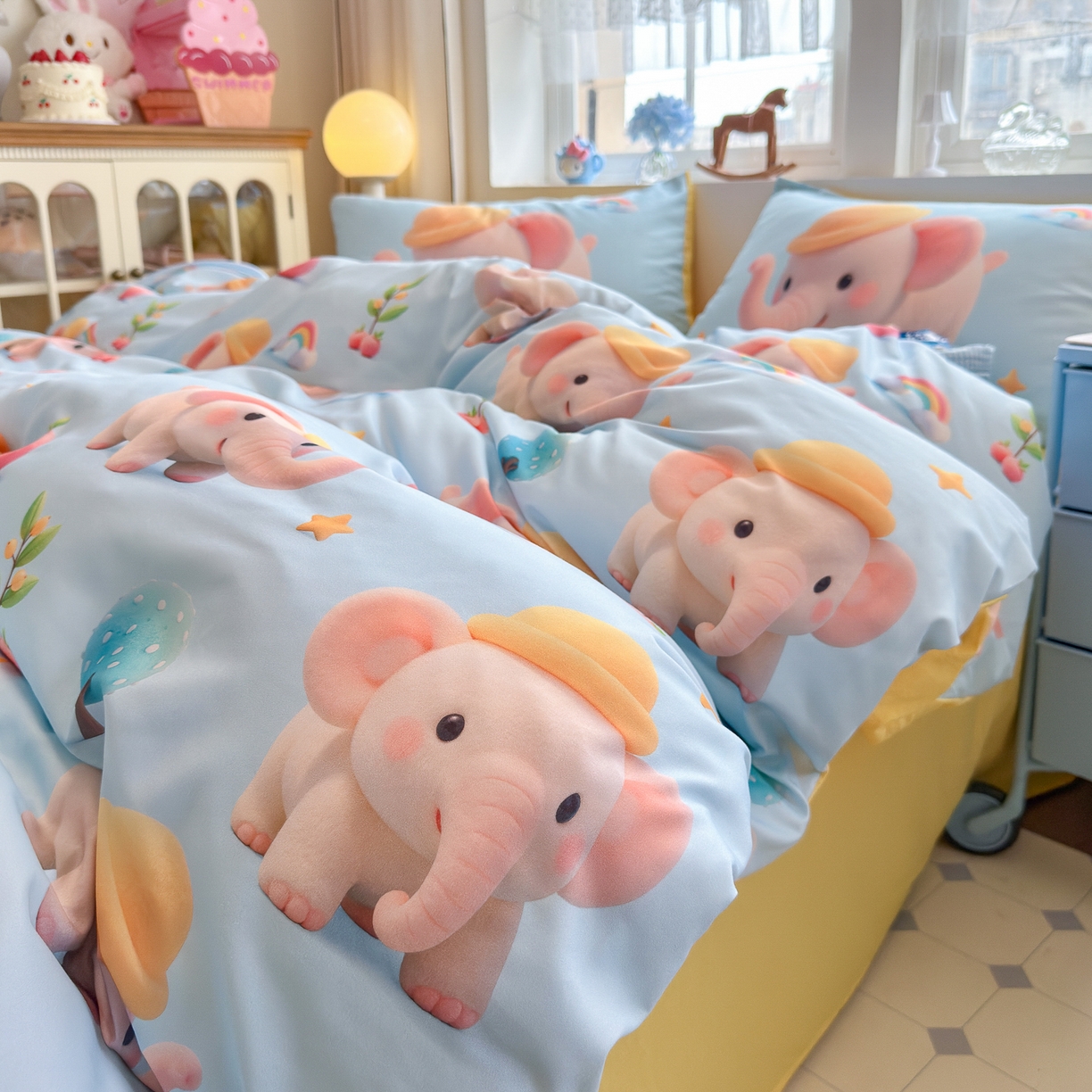 91家纺网 家纺一手货源 找家纺 优卡迪家纺馆 2025新款110克5D数码印花四件套 奇幻小象