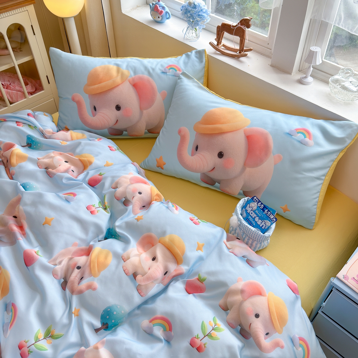 91家纺网 家纺一手货源 找家纺 优卡迪家纺馆 2025新款110克5D数码印花四件套 奇幻小象