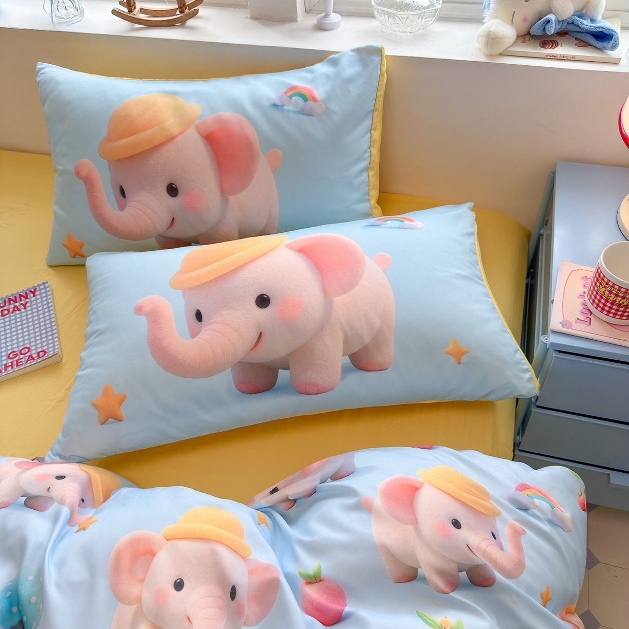 91家纺网 家纺一手货源 找家纺 优卡迪家纺馆 2025新款110克5D数码印花四件套 奇幻小象