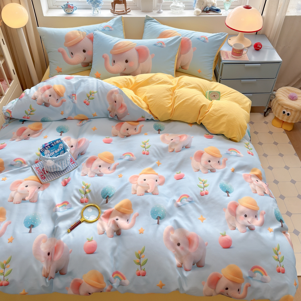 91家纺网 家纺一手货源 找家纺 优卡迪家纺馆 2025新款110克5D数码印花四件套 奇幻小象