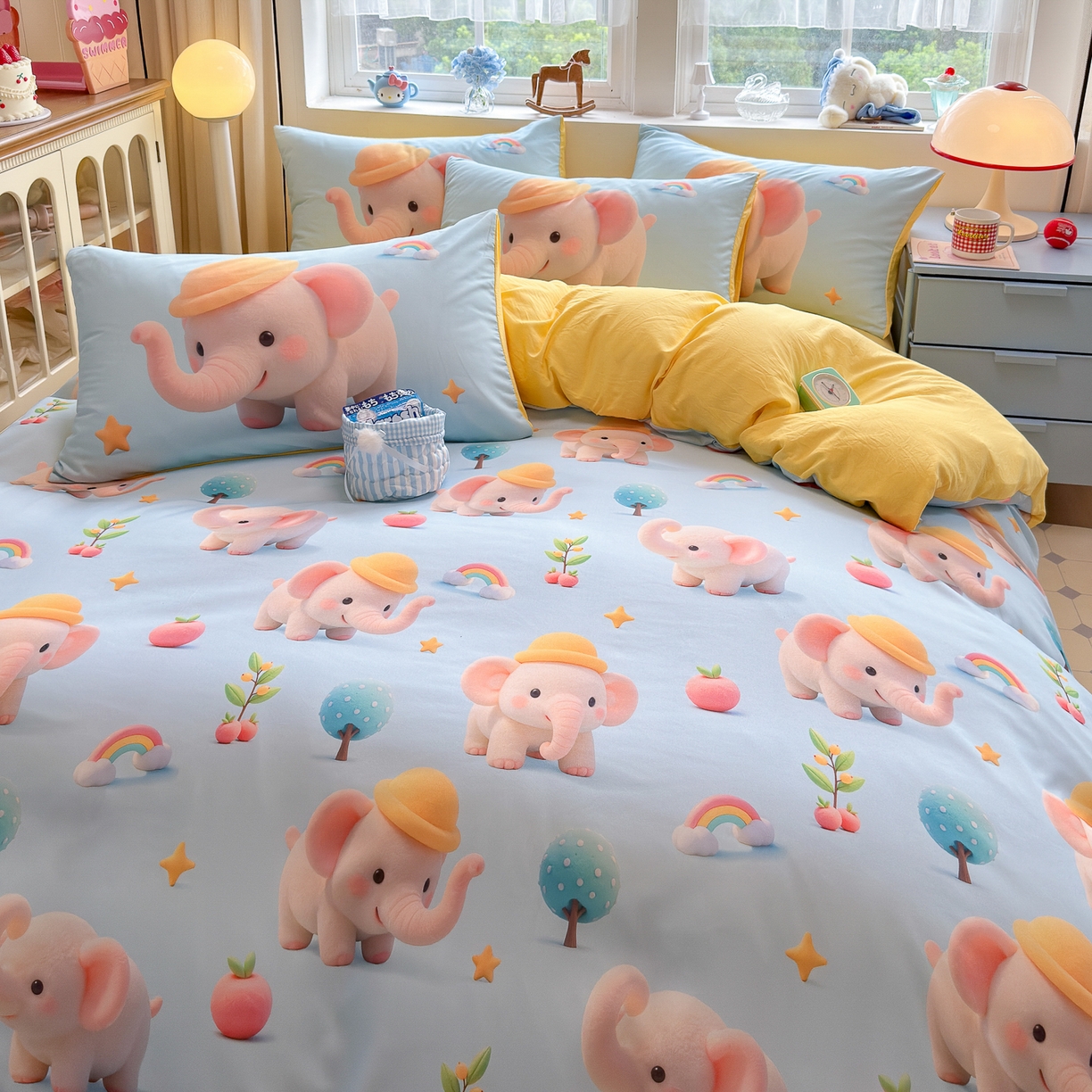 91家纺网 家纺一手货源 找家纺 优卡迪家纺馆 2025新款110克5D数码印花四件套 奇幻小象