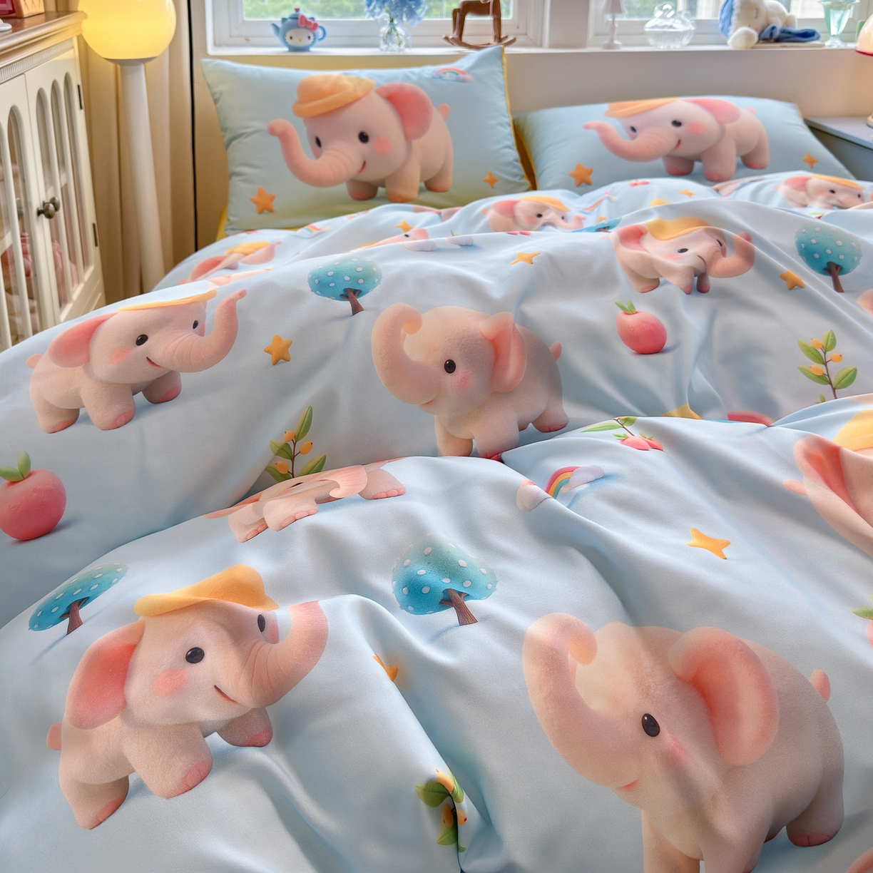 91家纺网 家纺一手货源 找家纺 优卡迪家纺馆 2025新款110克5D数码印花四件套 奇幻小象