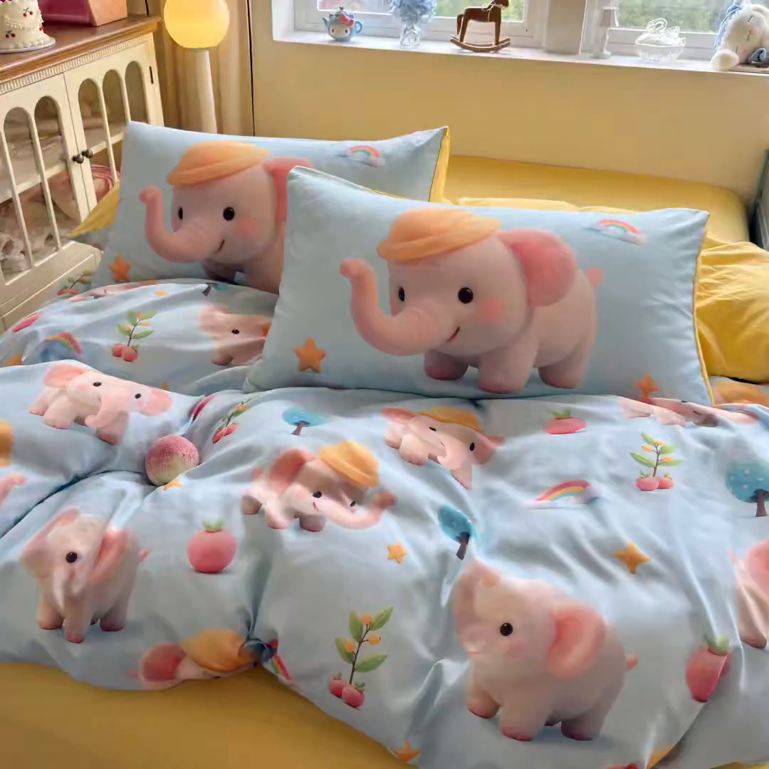 91家纺网 家纺一手货源 找家纺 优卡迪家纺馆 2025新款110克5D数码印花四件套 奇幻小象