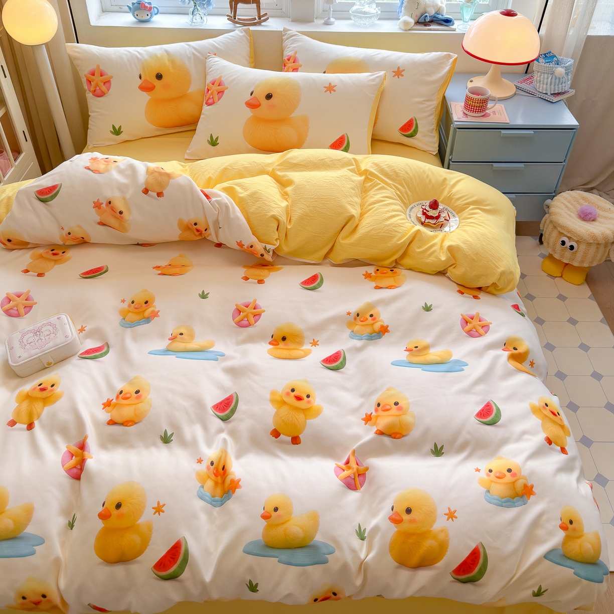 91家纺网 家纺一手货源 找家纺 优卡迪家纺馆 2025新款110克5D数码印花四件套 小黄鸭