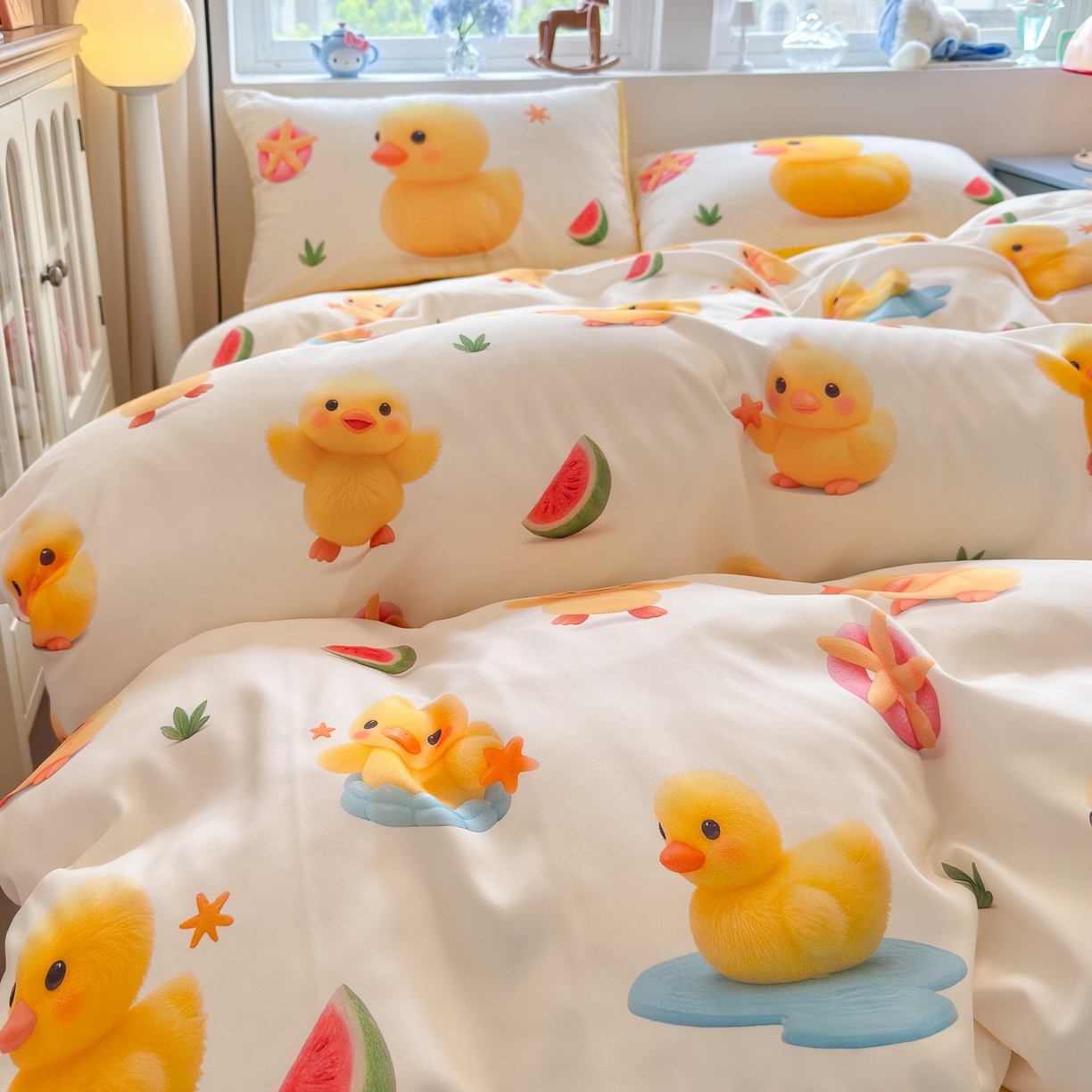 91家纺网 家纺一手货源 找家纺 优卡迪家纺馆 2025新款110克5D数码印花四件套 小黄鸭