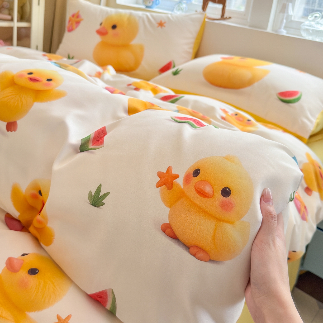 91家纺网 家纺一手货源 找家纺 优卡迪家纺馆 2025新款110克5D数码印花四件套 小黄鸭