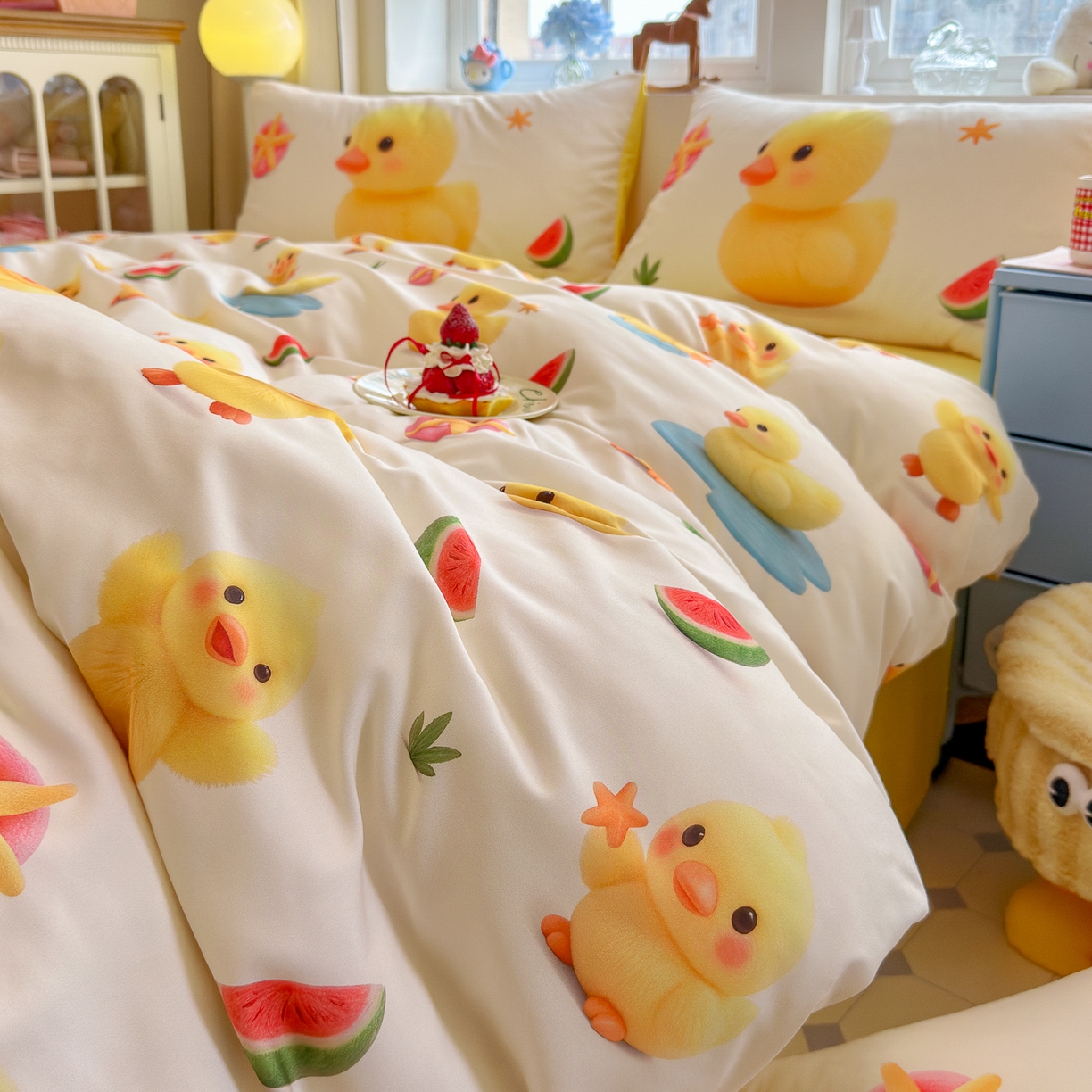 91家纺网 家纺一手货源 找家纺 优卡迪家纺馆 2025新款110克5D数码印花四件套 小黄鸭