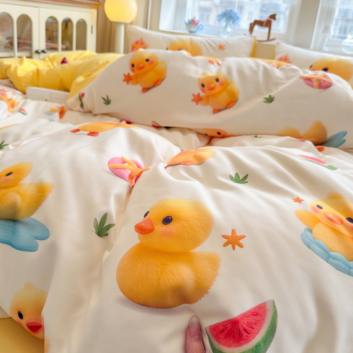 91家纺网 家纺一手货源 找家纺 优卡迪家纺馆 2025新款110克5D数码印花四件套 小黄鸭