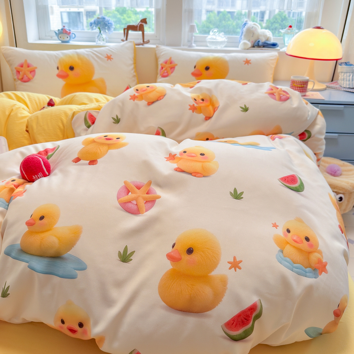 91家纺网 家纺一手货源 找家纺 优卡迪家纺馆 2025新款110克5D数码印花四件套 小黄鸭