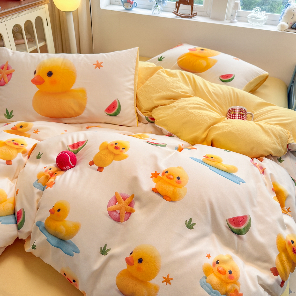 91家纺网 家纺一手货源 找家纺 优卡迪家纺馆 2025新款110克5D数码印花四件套 小黄鸭