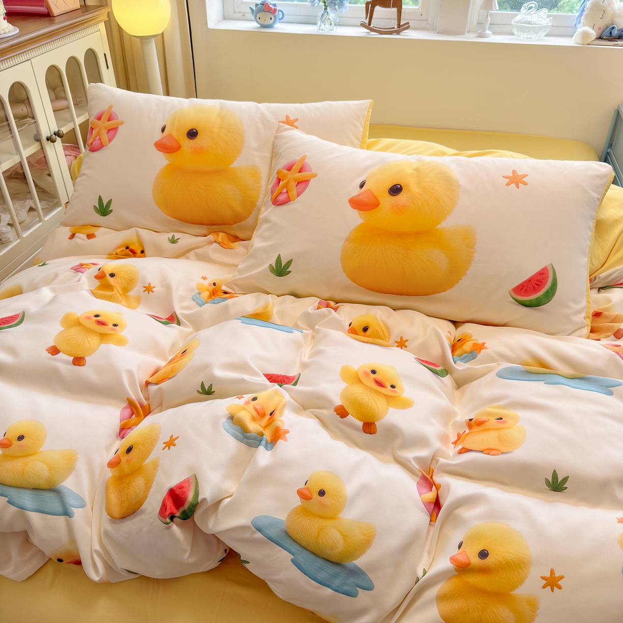 91家纺网 家纺一手货源 找家纺 优卡迪家纺馆 2025新款110克5D数码印花四件套 小黄鸭