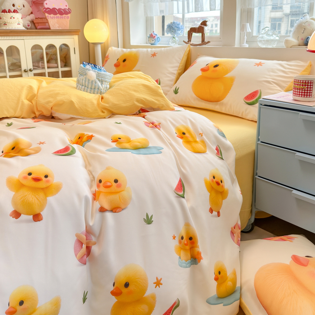 91家纺网 家纺一手货源 找家纺 优卡迪家纺馆 2025新款110克5D数码印花四件套 小黄鸭