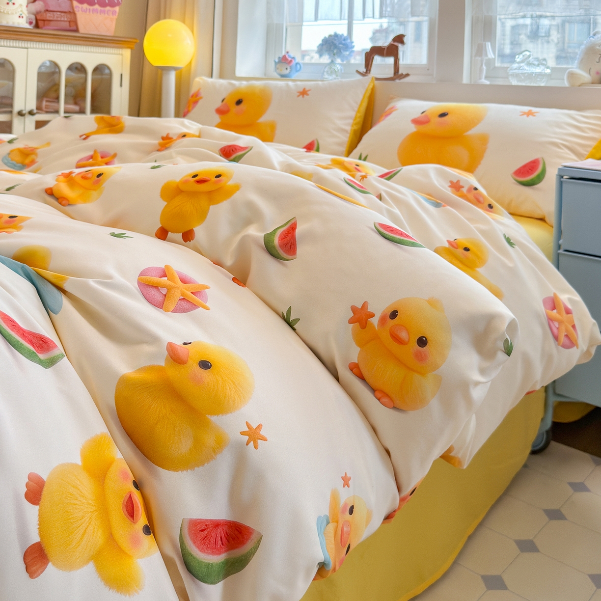 91家纺网 家纺一手货源 找家纺 优卡迪家纺馆 2025新款110克5D数码印花四件套 小黄鸭