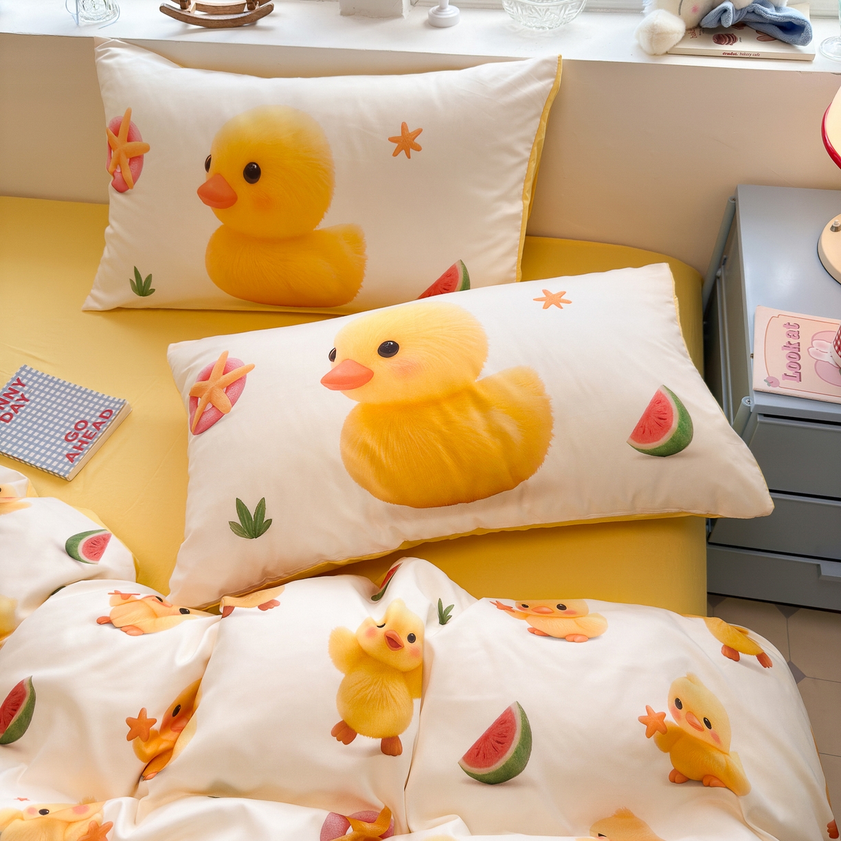 91家纺网 家纺一手货源 找家纺 优卡迪家纺馆 2025新款110克5D数码印花四件套 小黄鸭