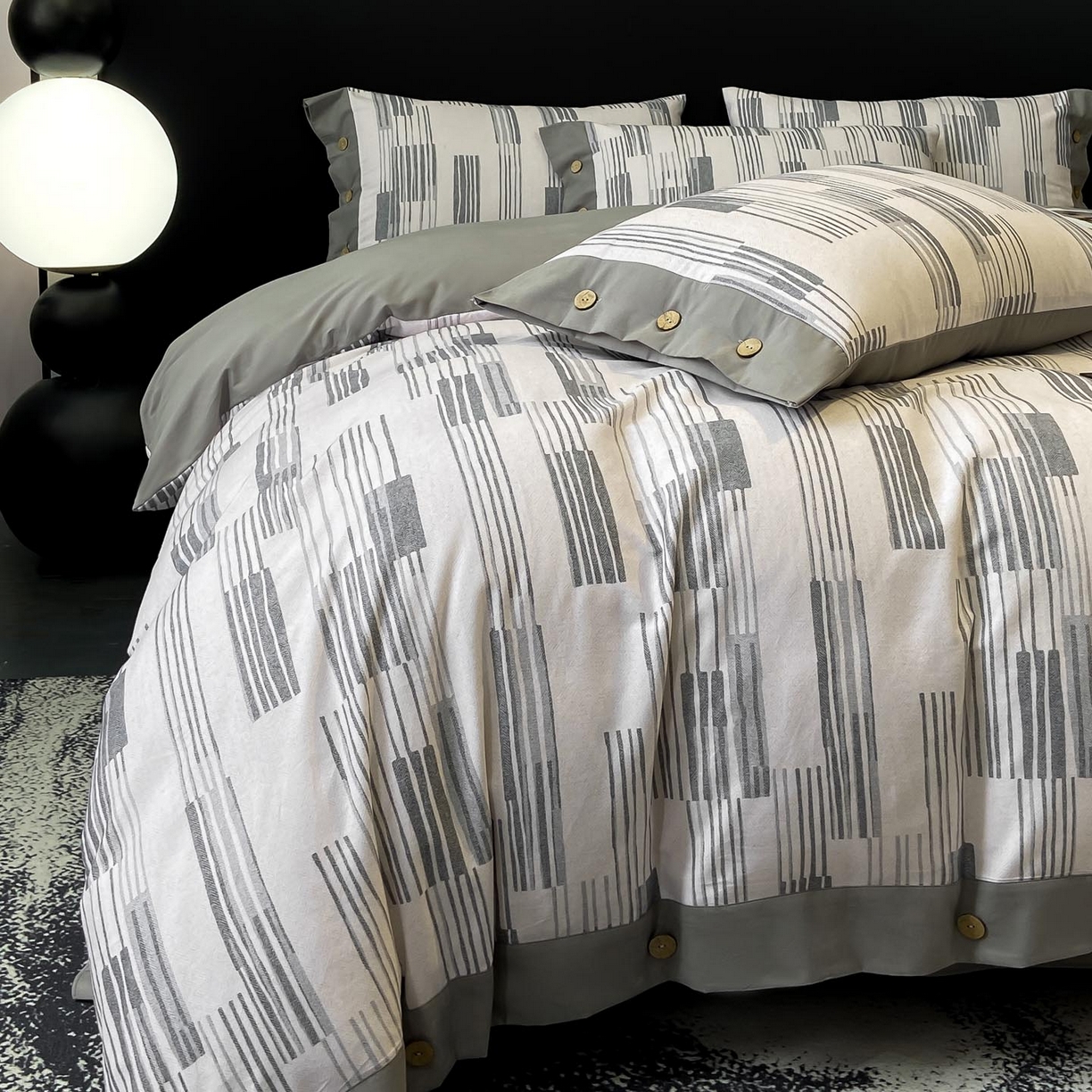 91家纺网 家纺一手货源 找家纺 麦田家纺 2025新款全棉纯棉轻奢加厚磨毛纽扣款四件套 品思-灰