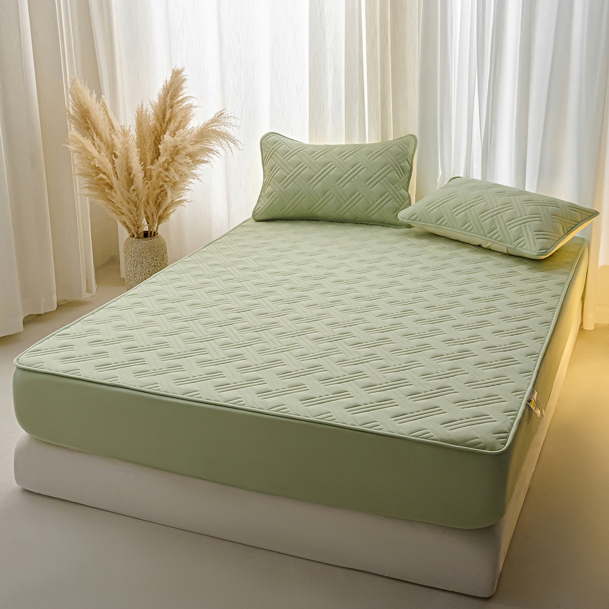 91家纺网 家纺一手货源 找家纺 X猫先生 2025新款A类原棉大豆防水床笠隔尿夹棉床笠床垫保护罩外贸跨境 迷宫-草绿