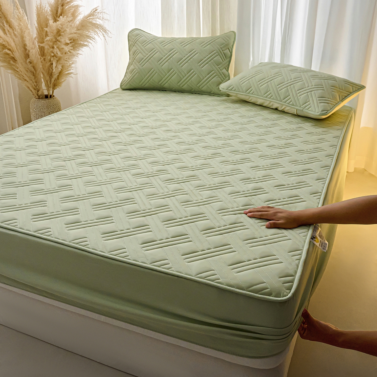 91家纺网 家纺一手货源 找家纺 X猫先生 2025新款A类原棉大豆防水床笠隔尿夹棉床笠床垫保护罩外贸跨境 迷宫-草绿