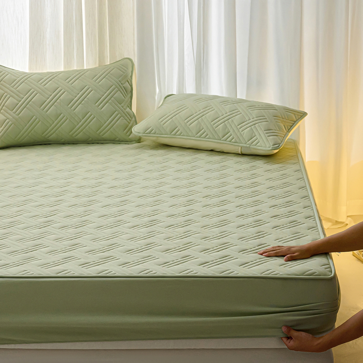 91家纺网 家纺一手货源 找家纺 X猫先生 2025新款A类原棉大豆防水床笠隔尿夹棉床笠床垫保护罩外贸跨境 迷宫-草绿