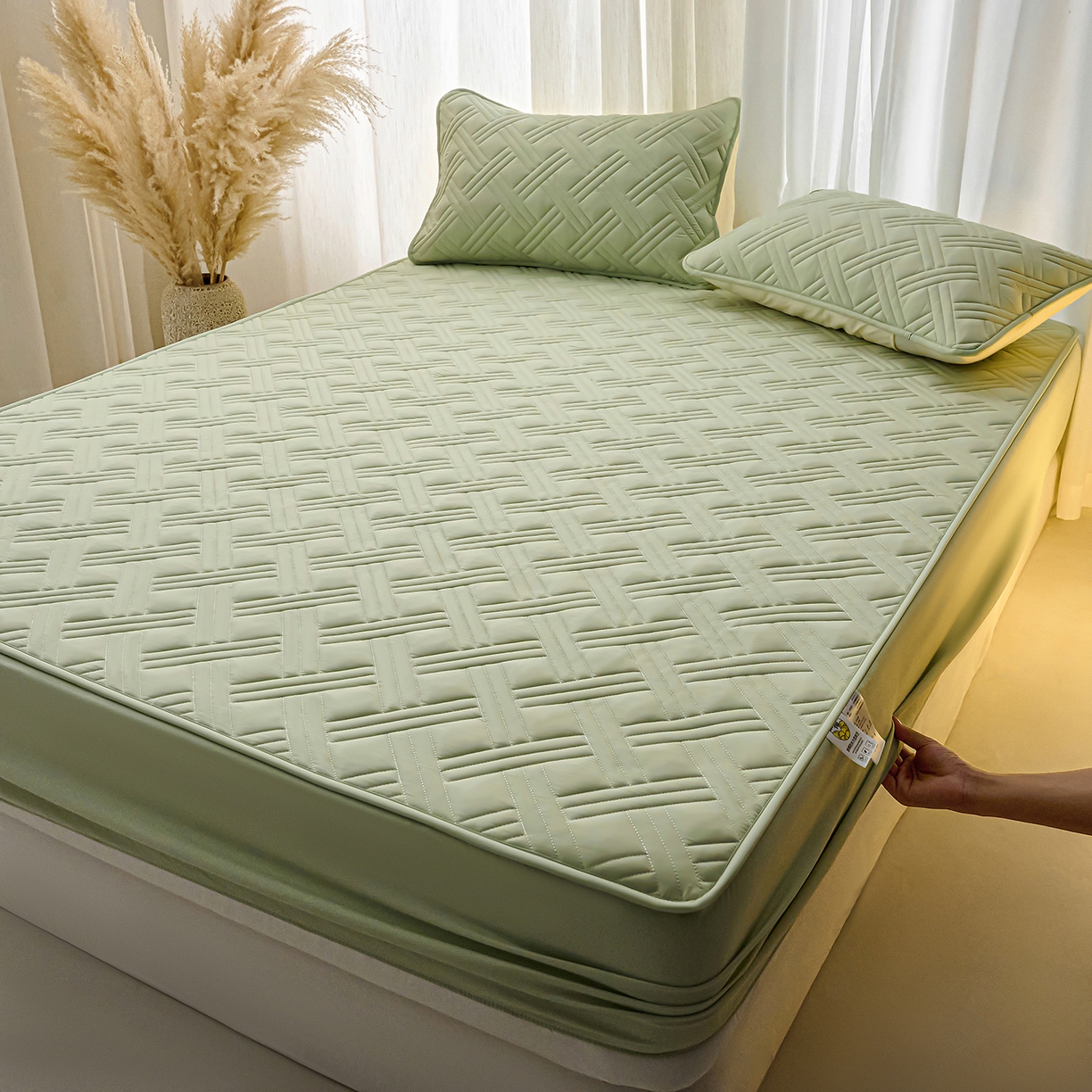 91家纺网 家纺一手货源 找家纺 X猫先生 2025新款A类原棉大豆防水床笠隔尿夹棉床笠床垫保护罩外贸跨境 迷宫-草绿