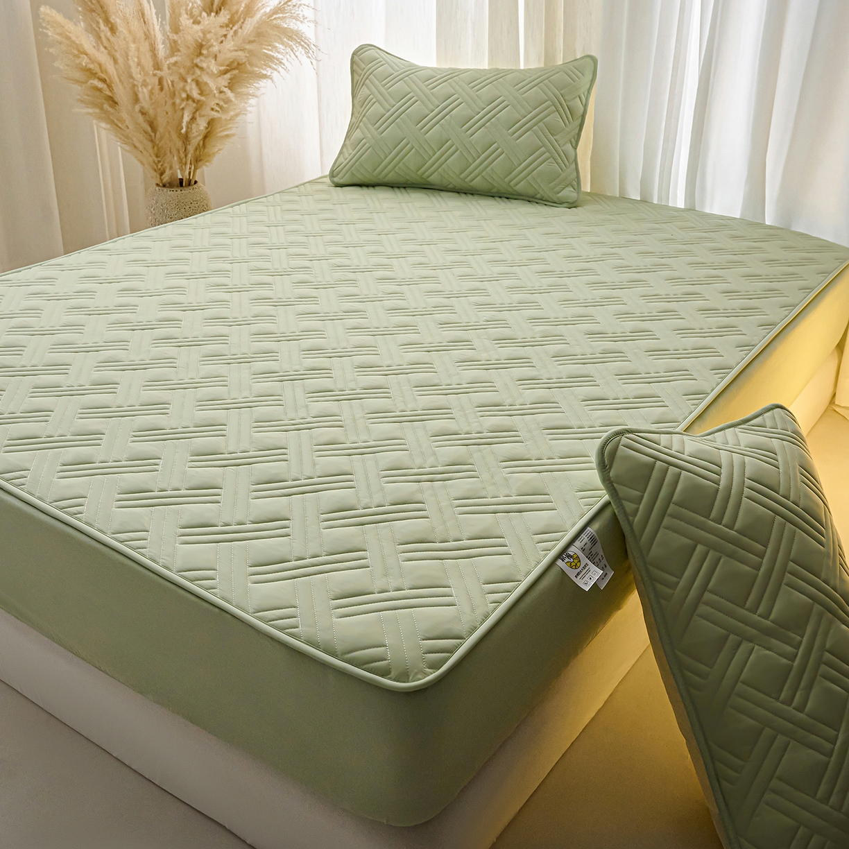 91家纺网 家纺一手货源 找家纺 X猫先生 2025新款A类原棉大豆防水床笠隔尿夹棉床笠床垫保护罩外贸跨境 迷宫-草绿