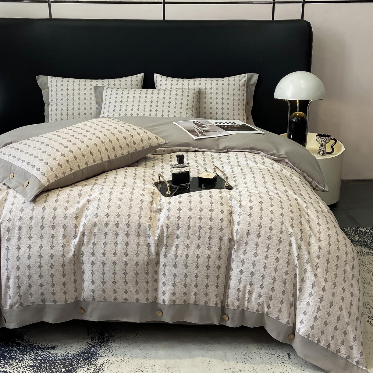 91家纺网 家纺一手货源 找家纺 麦田家纺 2025新款全棉纯棉轻奢加厚磨毛纽扣款四件套 拾光-灰