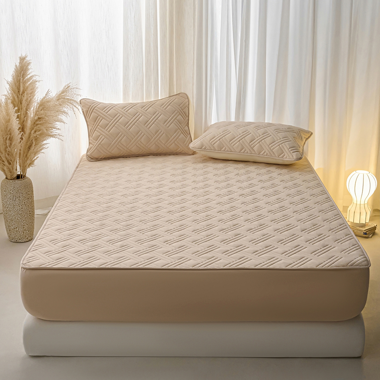 91家纺网 家纺一手货源 找家纺 X猫先生 2025新款A类原棉大豆防水床笠隔尿夹棉床笠床垫保护罩外贸跨境 迷宫-卡其