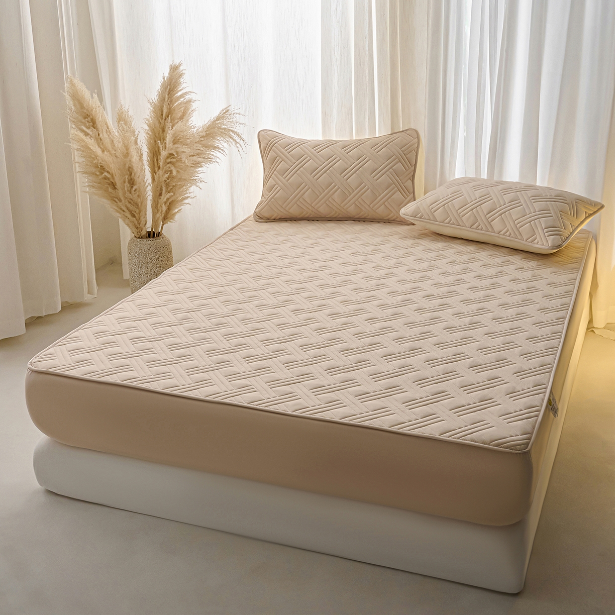 91家纺网 家纺一手货源 找家纺 X猫先生 2025新款A类原棉大豆防水床笠隔尿夹棉床笠床垫保护罩外贸跨境 迷宫-卡其