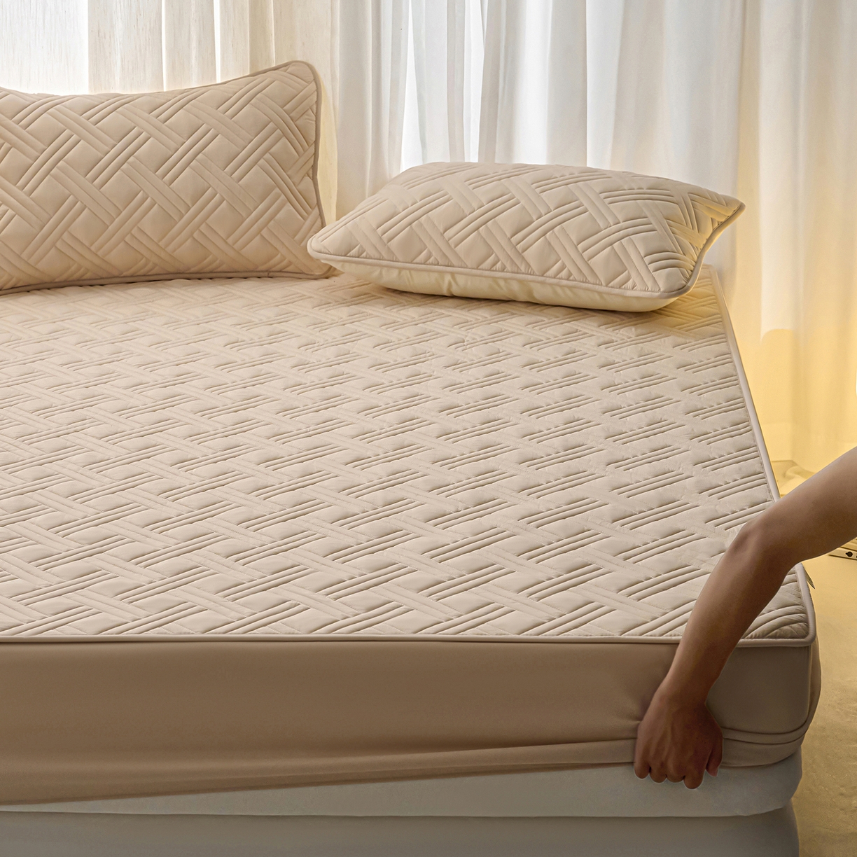 91家纺网 家纺一手货源 找家纺 X猫先生 2025新款A类原棉大豆防水床笠隔尿夹棉床笠床垫保护罩外贸跨境 迷宫-卡其