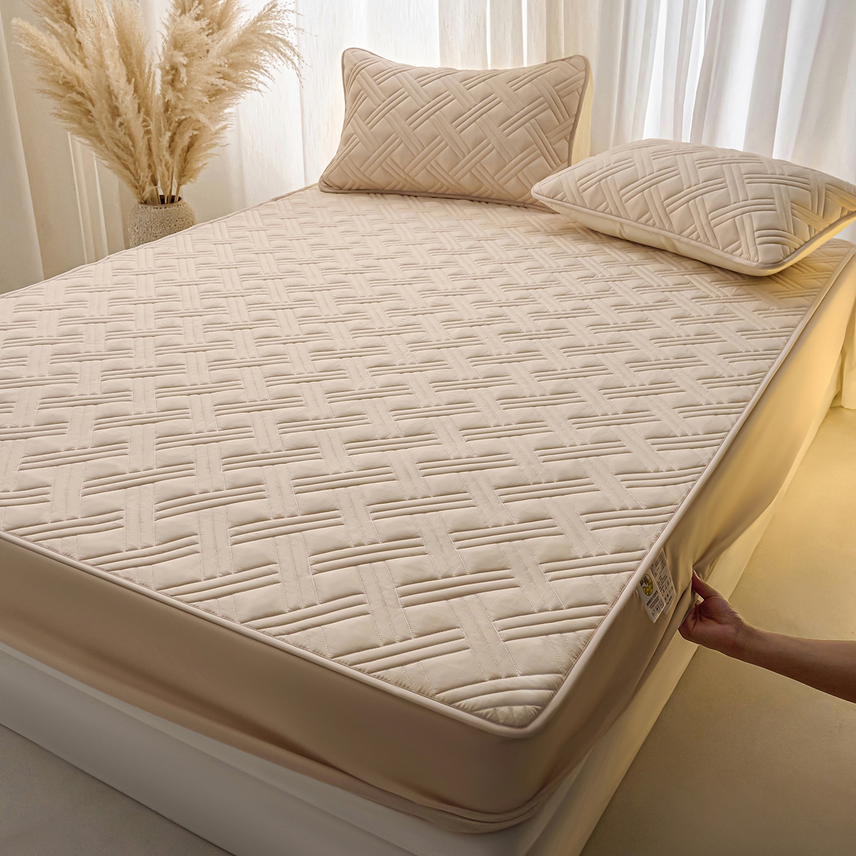 91家纺网 家纺一手货源 找家纺 X猫先生 2025新款A类原棉大豆防水床笠隔尿夹棉床笠床垫保护罩外贸跨境 迷宫-卡其