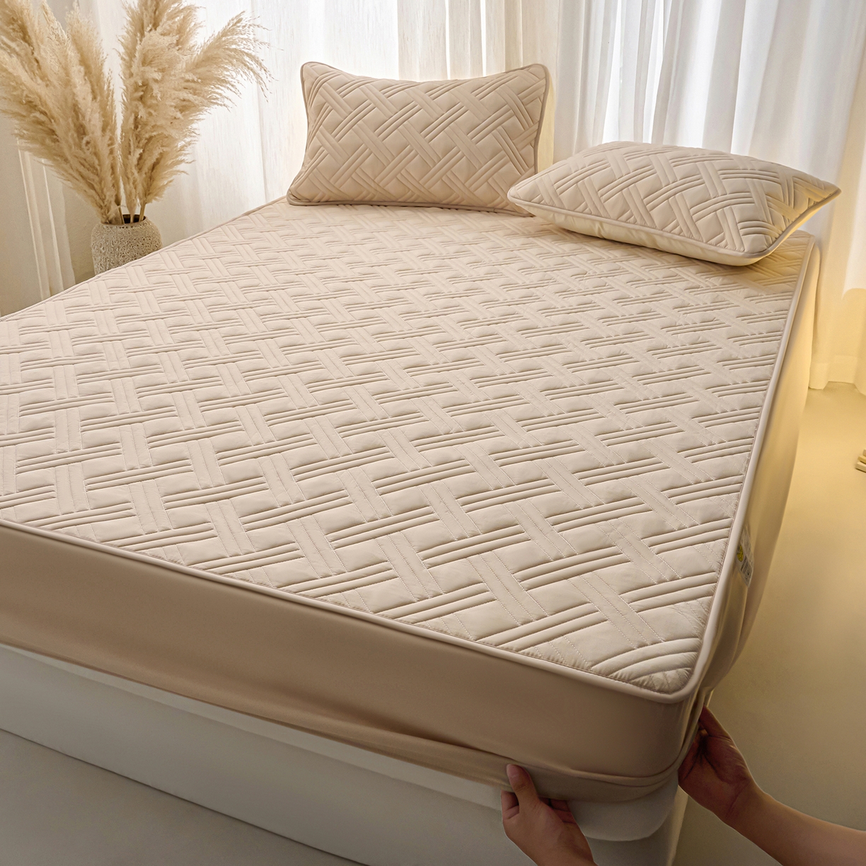 91家纺网 家纺一手货源 找家纺 X猫先生 2025新款A类原棉大豆防水床笠隔尿夹棉床笠床垫保护罩外贸跨境 迷宫-卡其