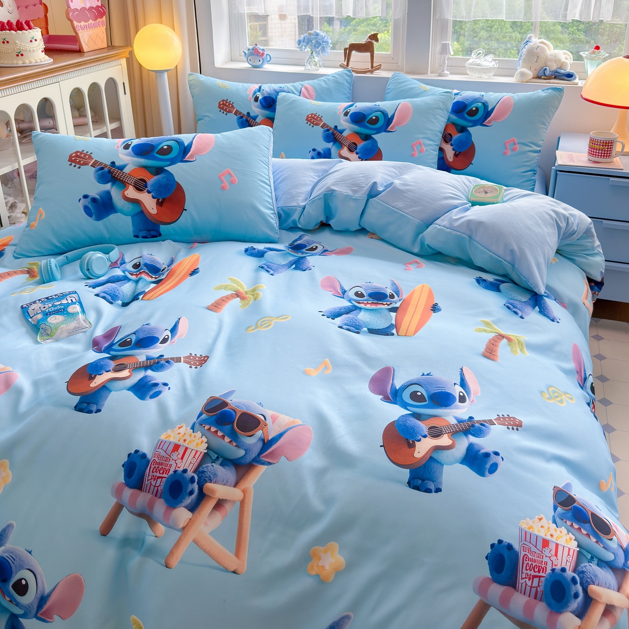 91家纺网 家纺一手货源 找家纺 优卡迪家纺馆 2025新款110克5D数码印花四件套 休闲史迪奇-蓝