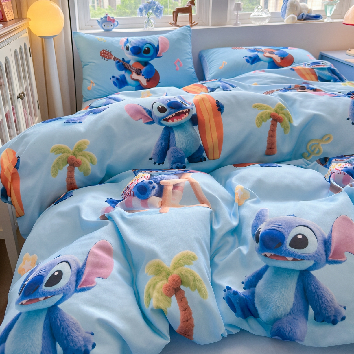 91家纺网 家纺一手货源 找家纺 优卡迪家纺馆 2025新款110克5D数码印花四件套 休闲史迪奇-蓝