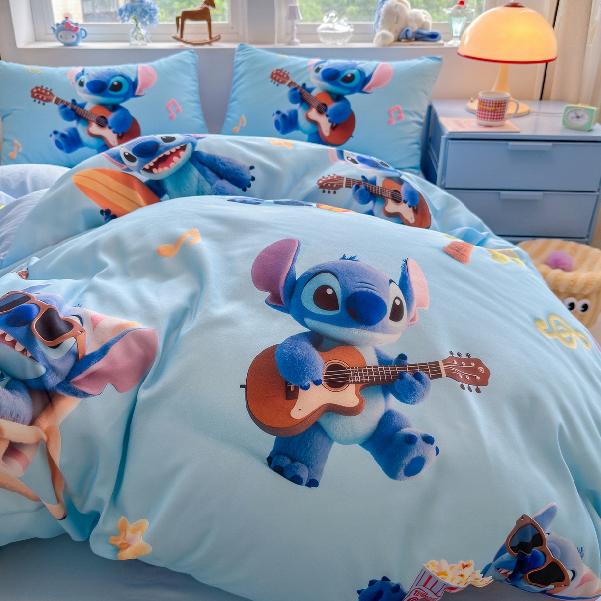 91家纺网 家纺一手货源 找家纺 优卡迪家纺馆 2025新款110克5D数码印花四件套 休闲史迪奇-蓝