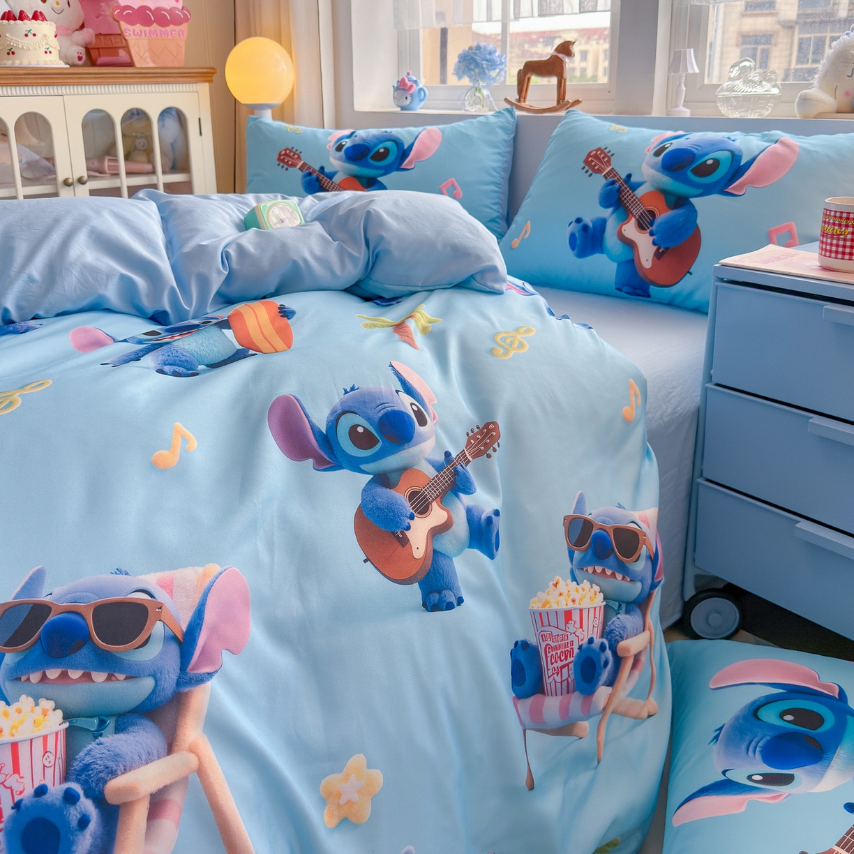 91家纺网 家纺一手货源 找家纺 优卡迪家纺馆 2025新款110克5D数码印花四件套 休闲史迪奇-蓝