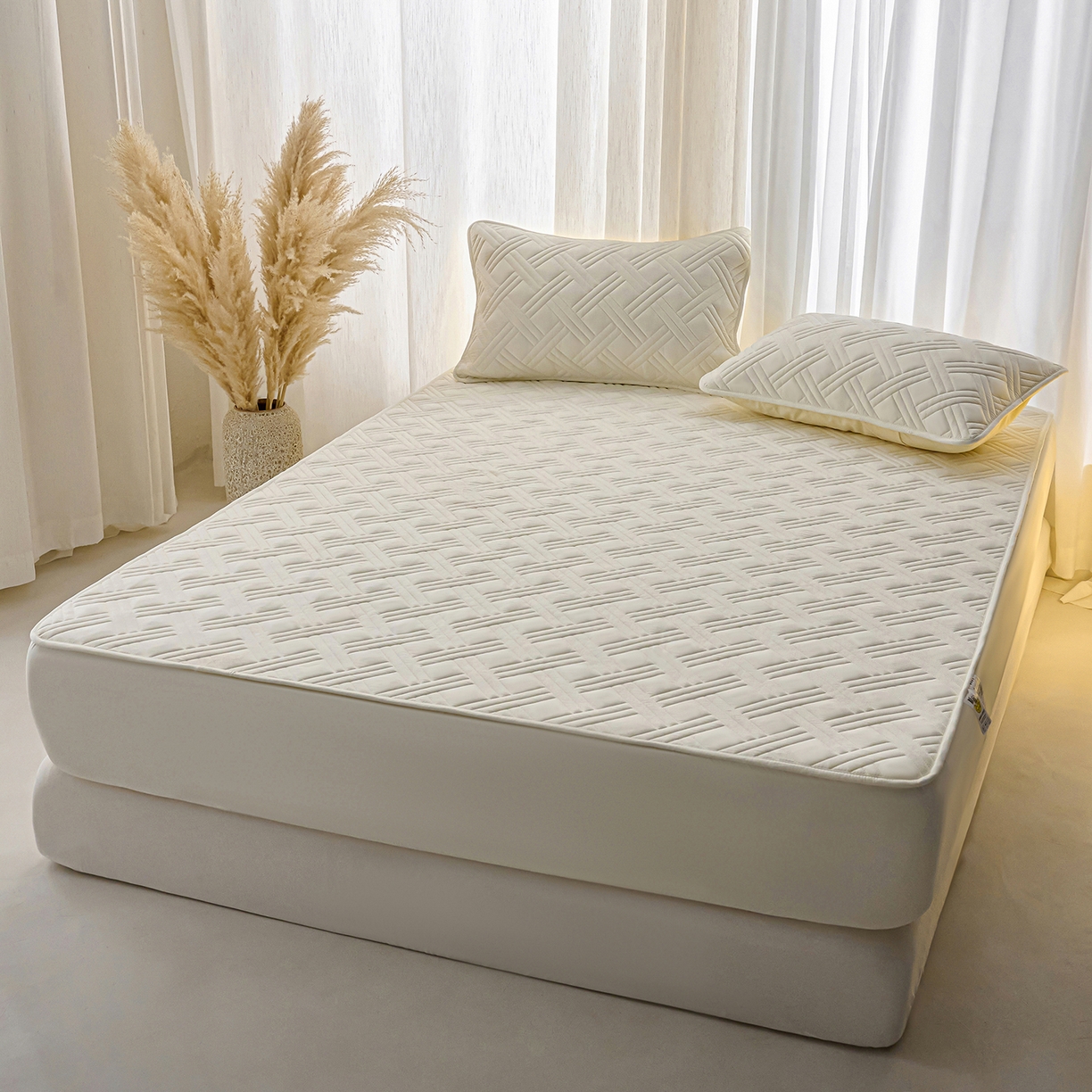 91家纺网 家纺一手货源 找家纺 X猫先生 2025新款A类原棉大豆防水床笠隔尿夹棉床笠床垫保护罩外贸跨境 迷宫-米白