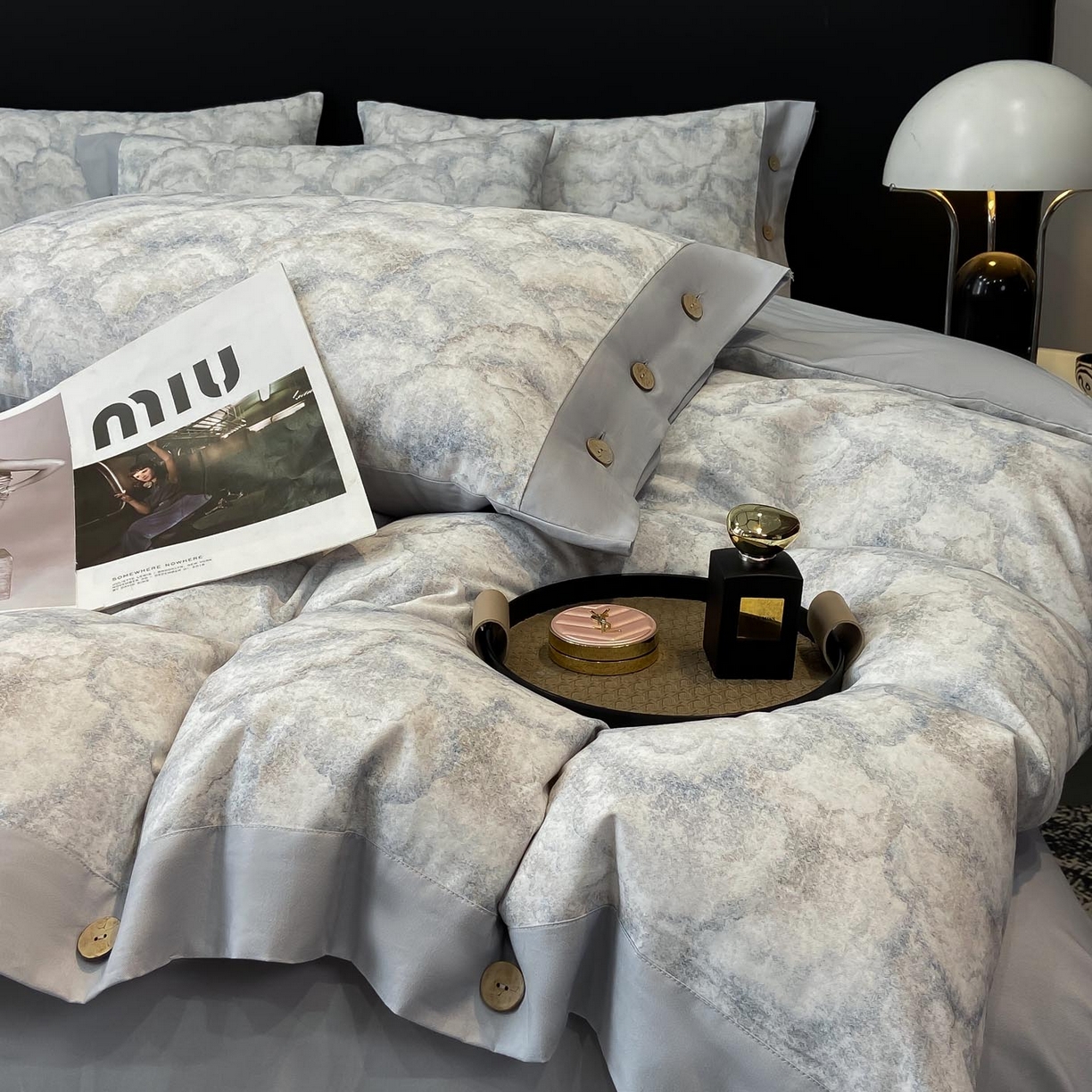 麦田家纺 2025新款全棉纯棉轻奢加厚磨毛纽扣款四件套 雾林-浅灰