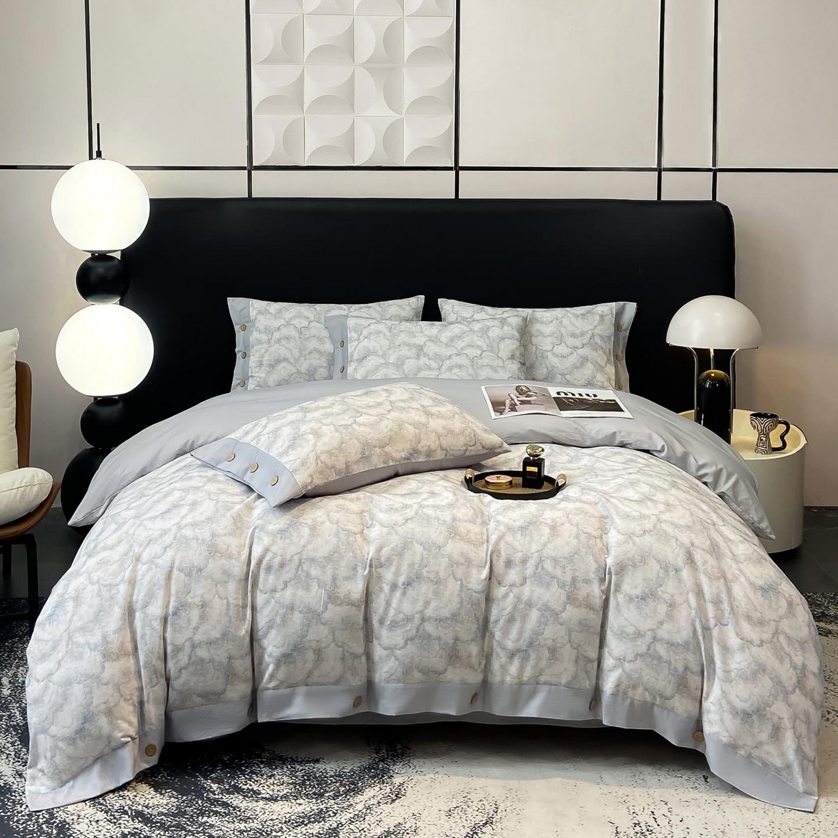 91家纺网 家纺一手货源 找家纺 麦田家纺 2025新款全棉纯棉轻奢加厚磨毛纽扣款四件套 雾林-浅灰