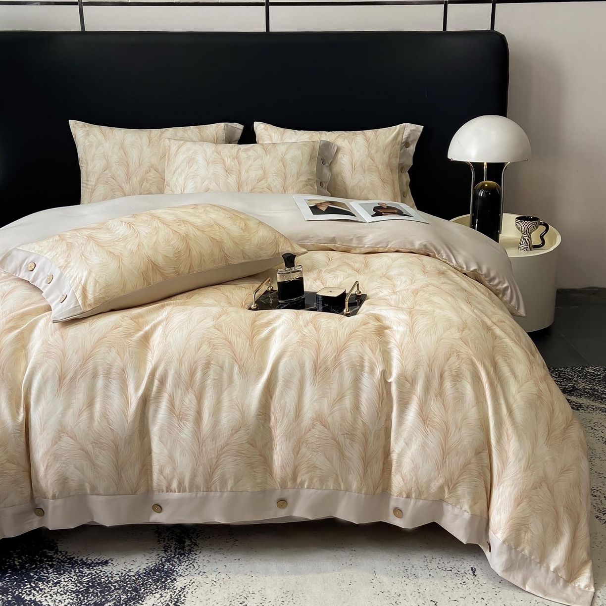 91家纺网 家纺一手货源 找家纺 麦田家纺 2025新款全棉纯棉轻奢加厚磨毛纽扣款四件套 云裳