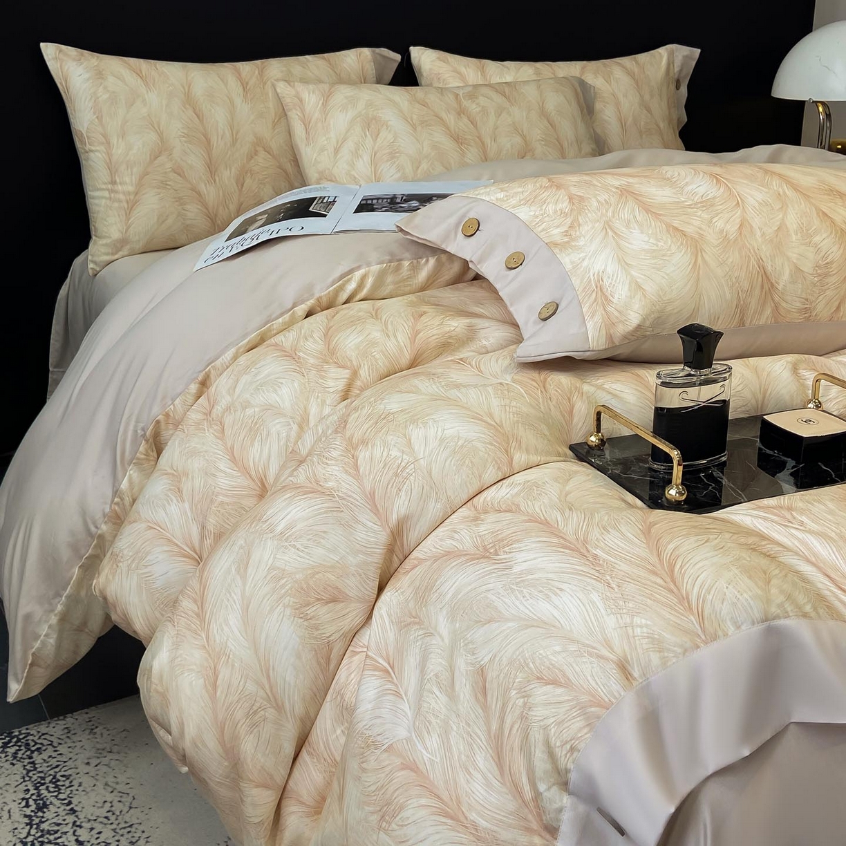 91家纺网 家纺一手货源 找家纺 麦田家纺 2025新款全棉纯棉轻奢加厚磨毛纽扣款四件套 云裳