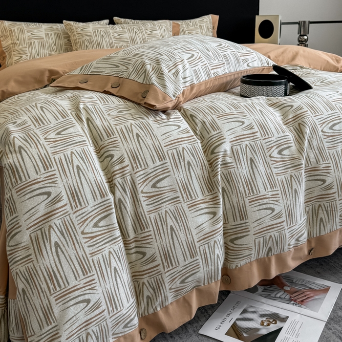 91家纺网 家纺一手货源 找家纺 麦田家纺 2025新款全棉纯棉轻奢加厚磨毛纽扣款四件套 几何