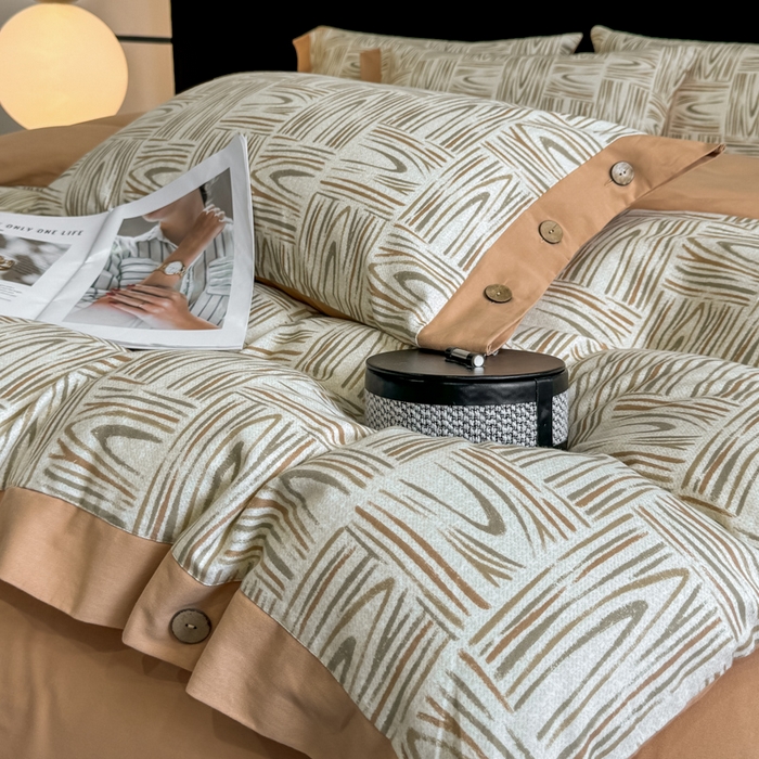 91家纺网 家纺一手货源 找家纺 麦田家纺 2025新款全棉纯棉轻奢加厚磨毛纽扣款四件套 几何