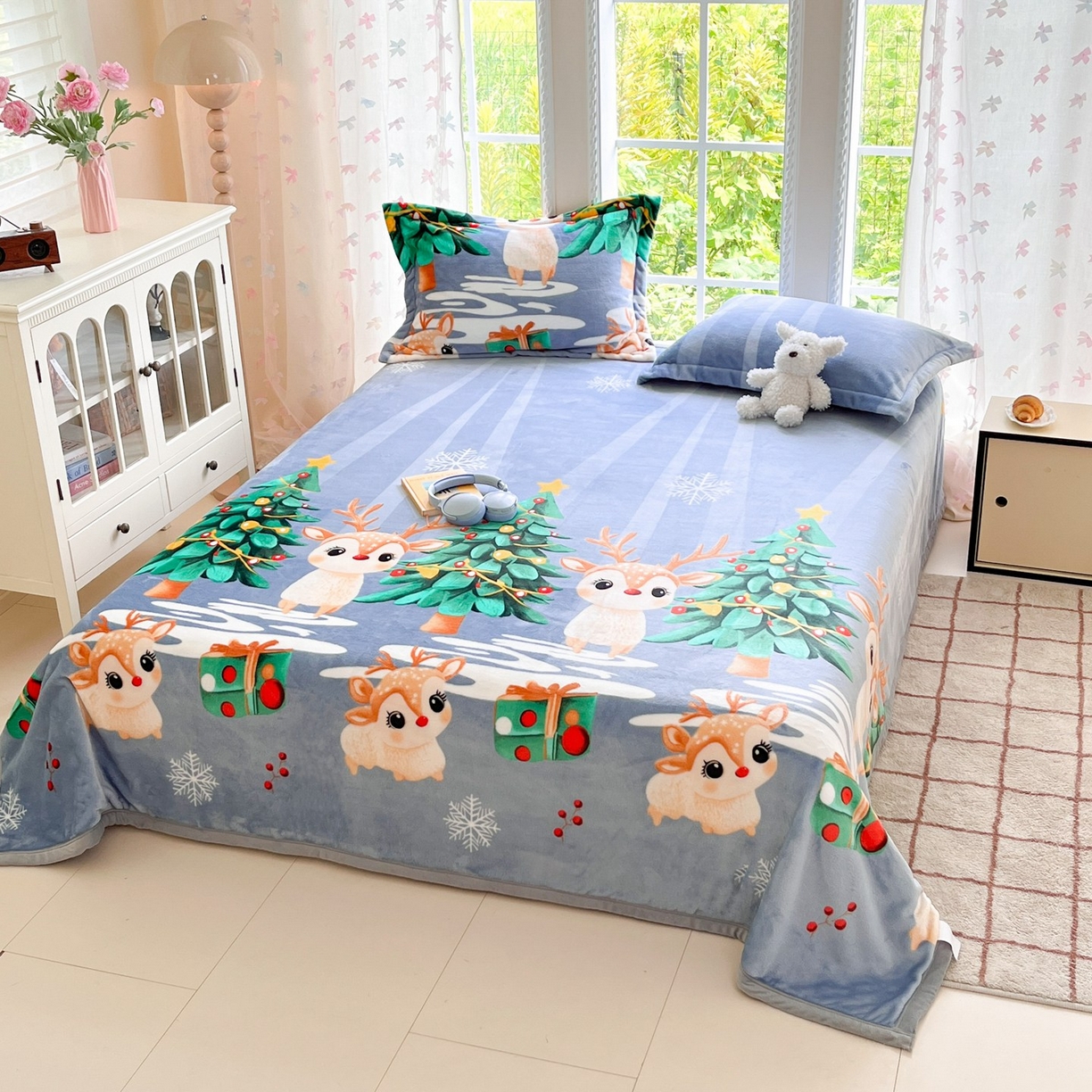 91家纺网 家纺一手货源 找家纺 雅萱-云貂绒毛毯法莱绒毛毯珊瑚绒毛毯羊羔绒毛毯 圣诞小鹿-蓝色