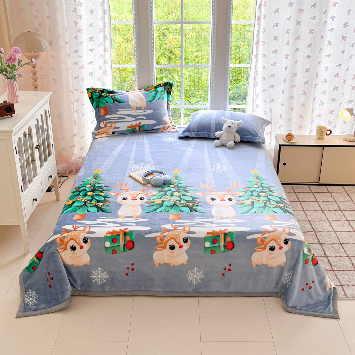 雅萱-云貂绒毛毯法莱绒毛毯珊瑚绒毛毯羊羔绒毛毯 圣诞小鹿-蓝色