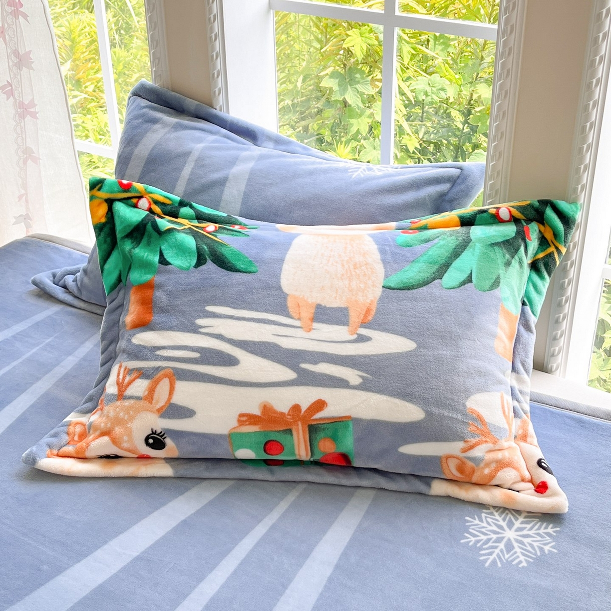 91家纺网 家纺一手货源 找家纺 雅萱-云貂绒毛毯法莱绒毛毯珊瑚绒毛毯羊羔绒毛毯 圣诞小鹿-蓝色