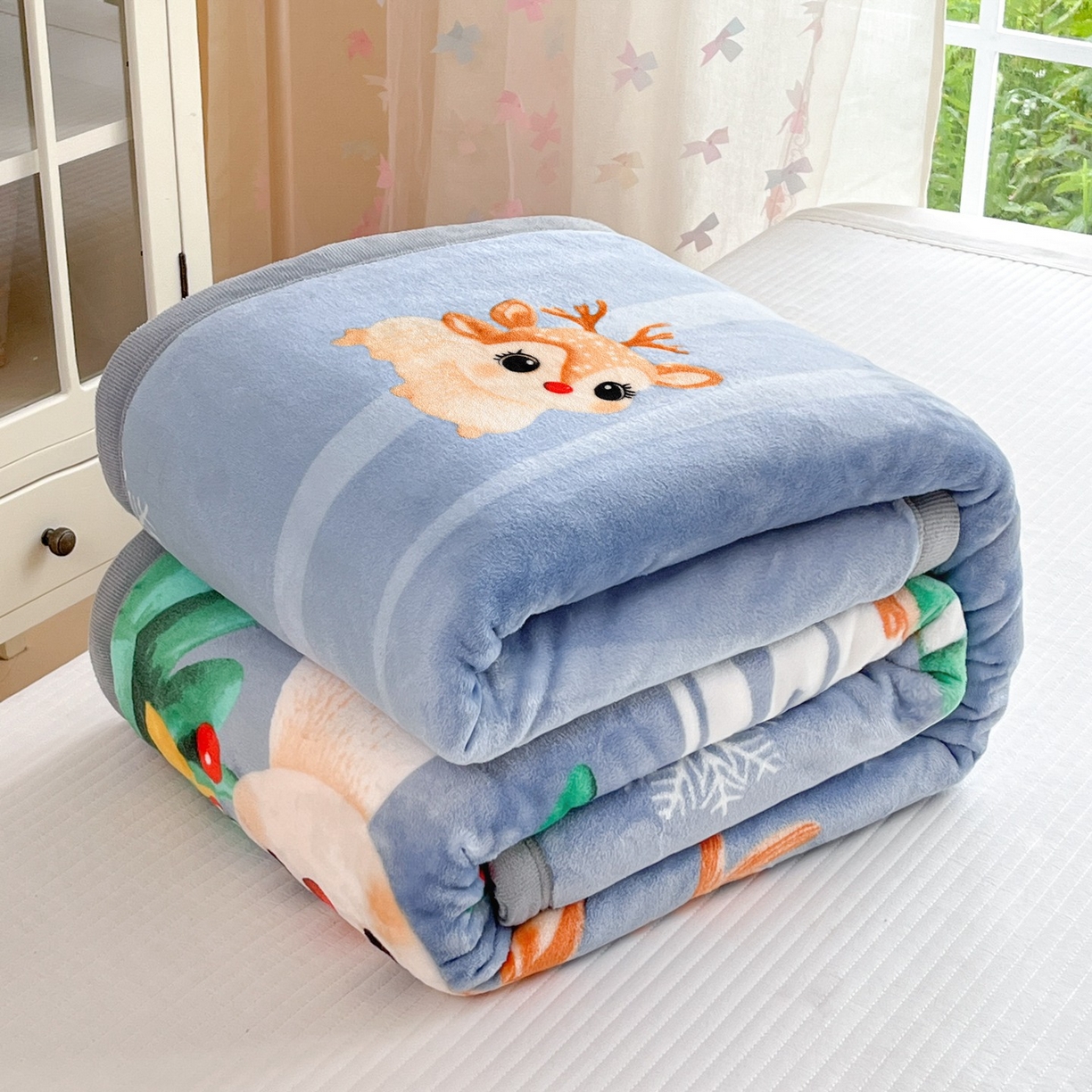 91家纺网 家纺一手货源 找家纺 雅萱-云貂绒毛毯法莱绒毛毯珊瑚绒毛毯羊羔绒毛毯 圣诞小鹿-蓝色