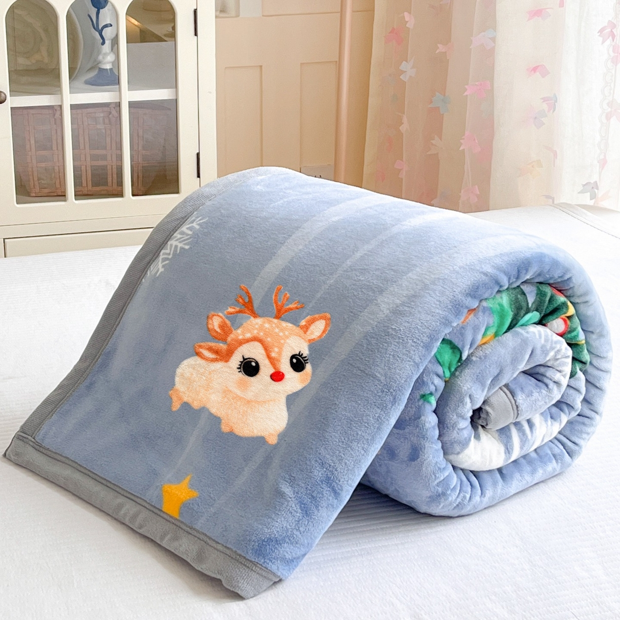 91家纺网 家纺一手货源 找家纺 雅萱-云貂绒毛毯法莱绒毛毯珊瑚绒毛毯羊羔绒毛毯 圣诞小鹿-蓝色